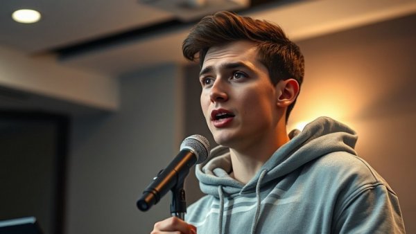 Young man speaking on a podcast about roof repair, indoor setting.