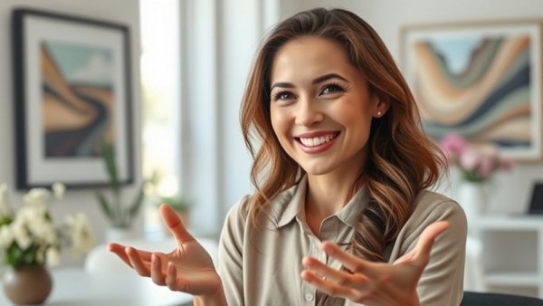 Smiling woman discussing real estate tips in a home office.