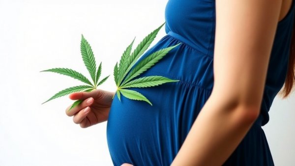 Pregnant woman holding cannabis leaf for managing epilepsy during pregnancy advice.