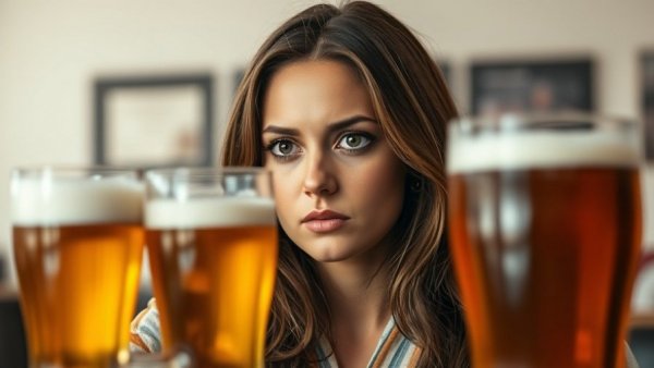 Apprehensive woman beside beer glasses, linking quitting alcohol and dental health.