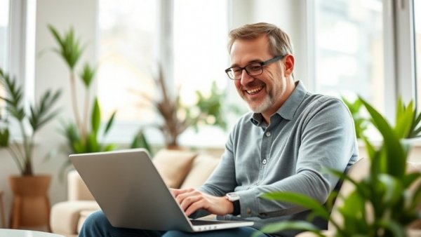 Smiling man in living room discusses Catch-Up Contributions 2026 on laptop.