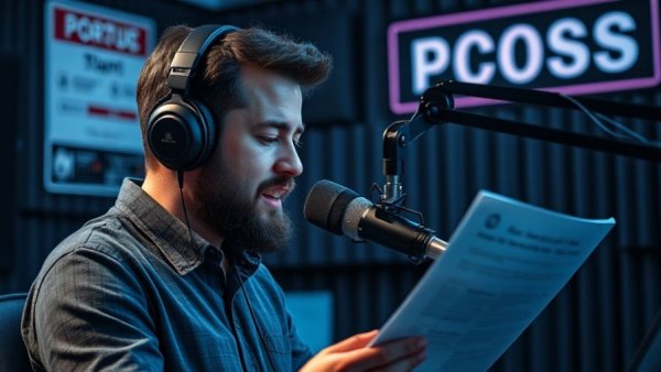Man podcasting in studio discussing roofing tips for fire victims.