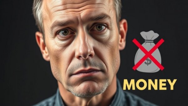 Man rejecting money deal concept with crossed-out money bag illustration.