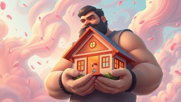 Giant man holding house with family in 2025 review, whimsical scene.