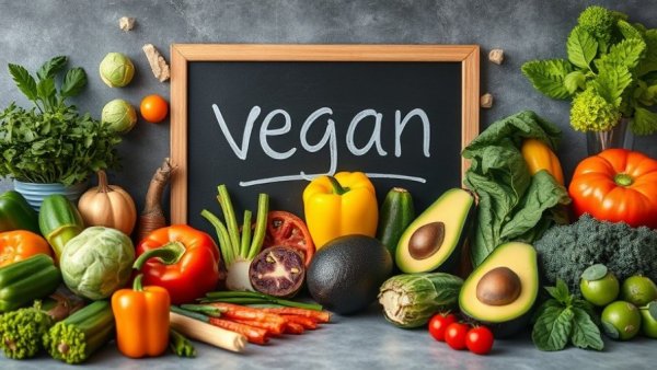 Vegan diet ingredients on a gray background with a board.