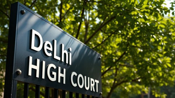 Delhi High Court signboard related to trademark law in sunscreen products, lush foliage background.