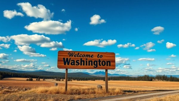 Washington state welcome sign with blue sky backdrop.