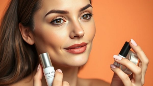 Young woman using Jones Road Beauty products on peach background, photorealistic.