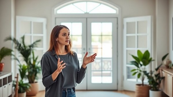 Young woman discussing house interior in modern home office.