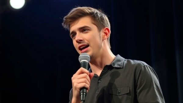 Stand-up comedian animatedly discusses dental X-rays on stage.