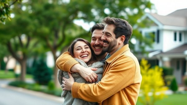 DINK couple embracing with smiles in front of modern house.