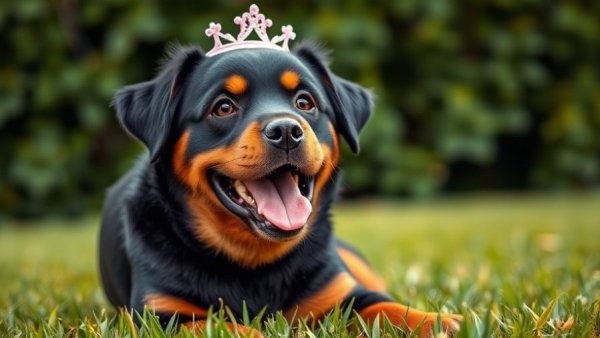 Rottweilers as family dogs - playful Rottweiler wearing a tiara.