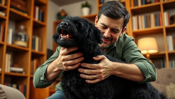 Man demonstrating pet choking treatment on dog in cozy room.