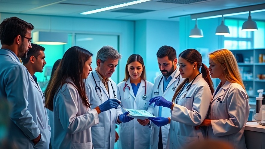 Diverse healthcare professionals collaborate on Xbryk and Xgeva biosimilar treatments in a modern clinic.