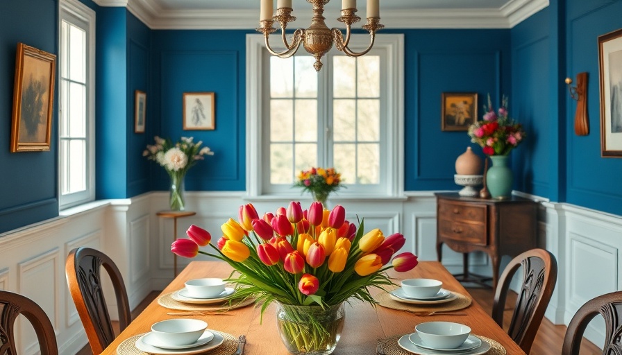 Elegant spring dining room decor with tulip centerpiece.