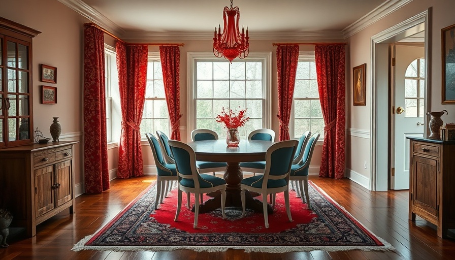 Cottage-style dining room with red curtains and blue cushions.