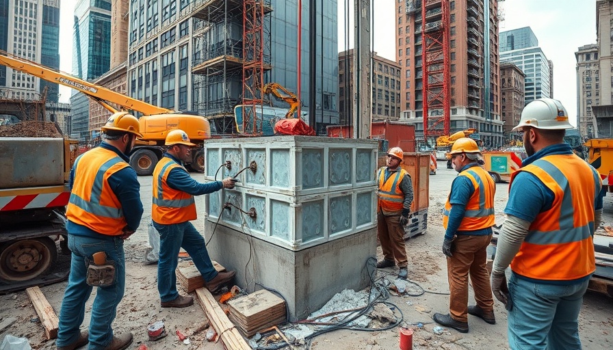 Workers examining foundation repair site, urban setting machinery.