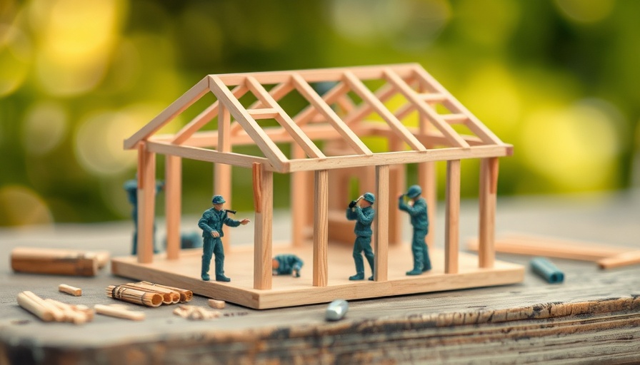 Miniature workers building a wooden house frame.