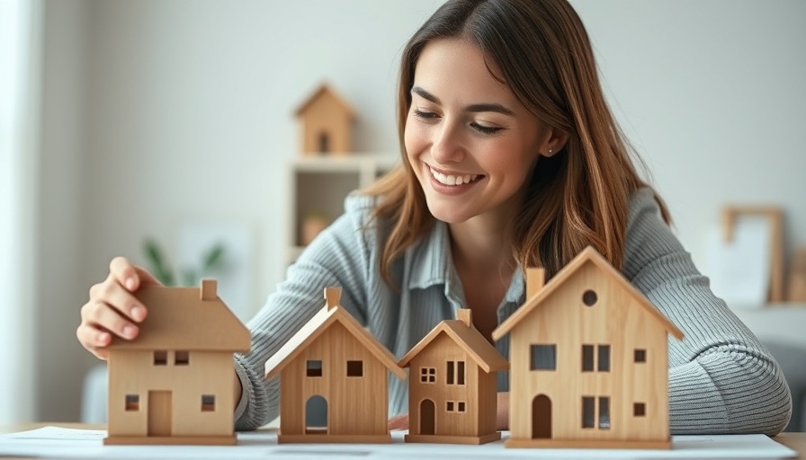 Smiling woman placing house models, concept of home renovation loans.