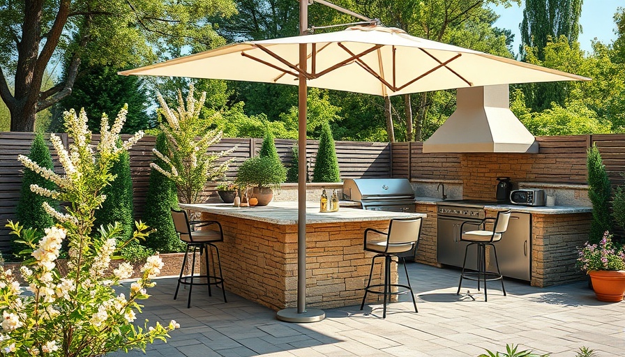 Stylish outdoor kitchen with a stone barbecue island and white umbrella.