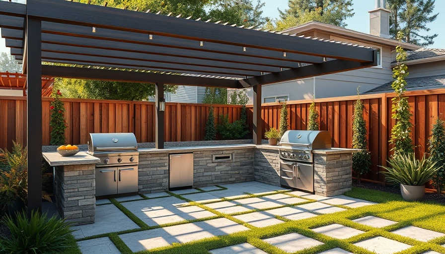 Modern outdoor kitchen showcasing 2025 design trends with pergola.