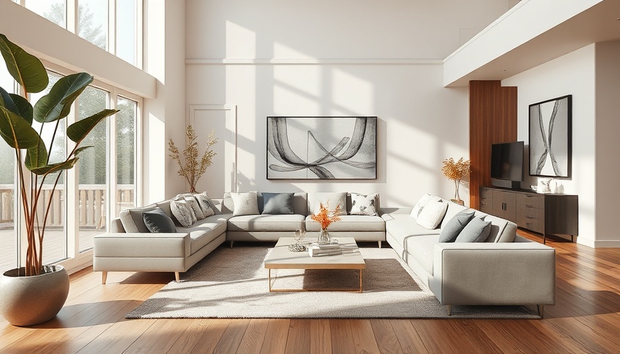 3D rendered modern living room with sleek design elements.