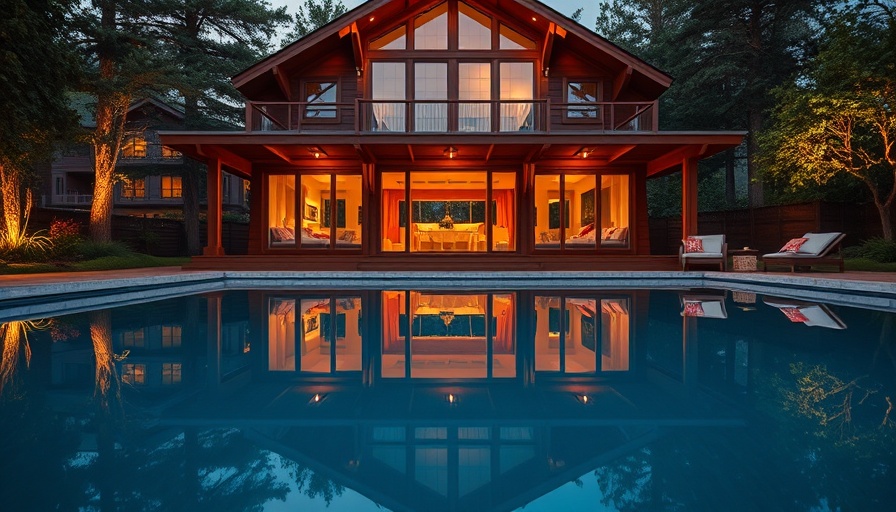 Elegant luxury home reflecting in a pool, evening glow.