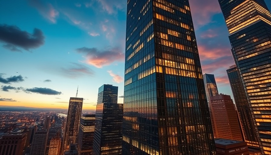 Luxurious skyscraper in Singapore's skyline, vibrant evening glow.