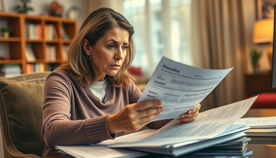 Worried woman reviewing finances, stable home price growth context.