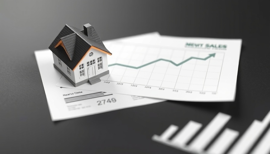 New home sales drop illustration, showing decrease graph and house model.