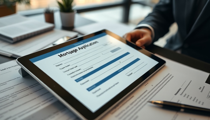 Digital mortgage application form on tablet with paperwork in office.