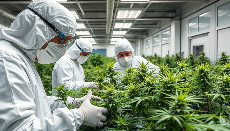 Ohio marijuana cultivation team processing cannabis plants in clean facility.