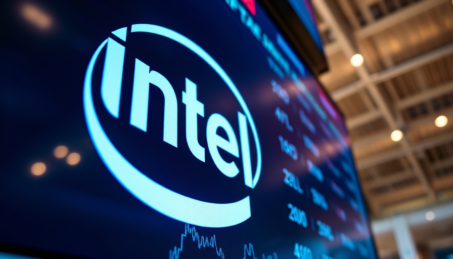 Intel logo and stock symbols on market screen.