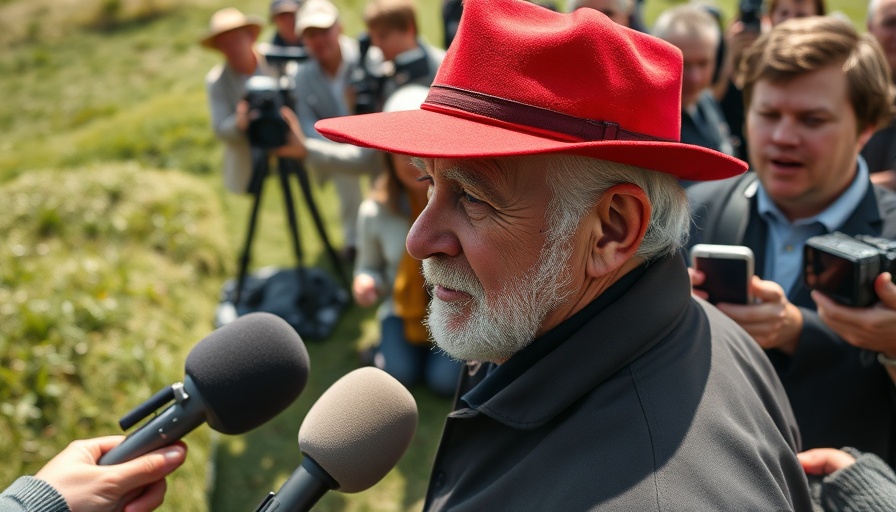 Trump tariffs impact on farmers: man addressing reporters outdoors.