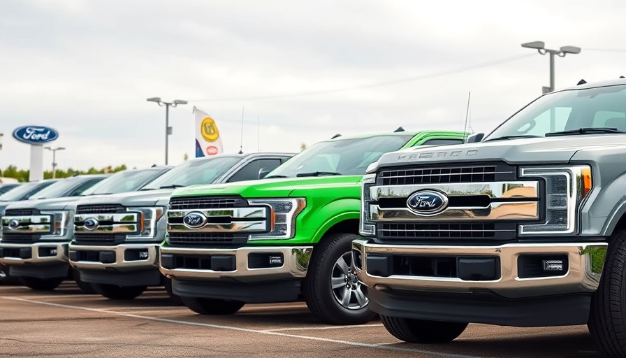 Row of Ford trucks in dealership lot, U.S. automakers tariff reprieve.