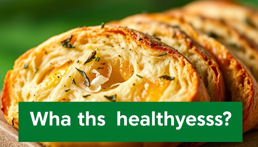Garlic bread slices with health question overlay.