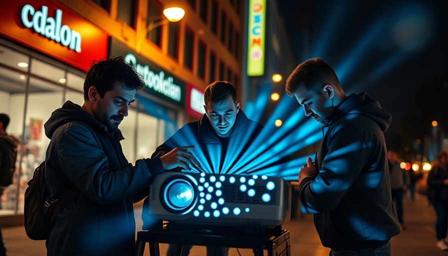 Three individuals setting up a light projector as a form of protest.