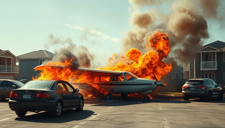 Small airplane crash Pennsylvania, fiery scene with cars and smoke in background.