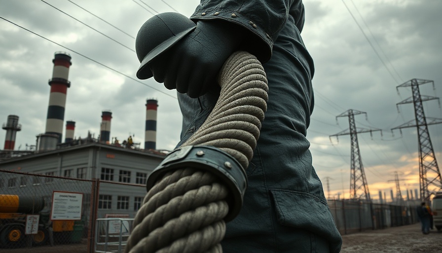 Workers at steel plant under twilight sky with industrial statue.