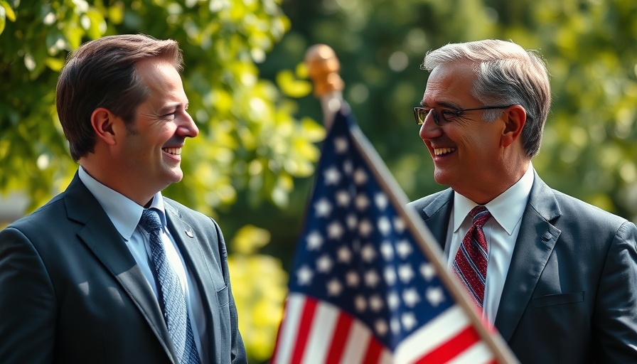 Leaders discussing U.S. Ireland trade relations at outdoor event with flag.