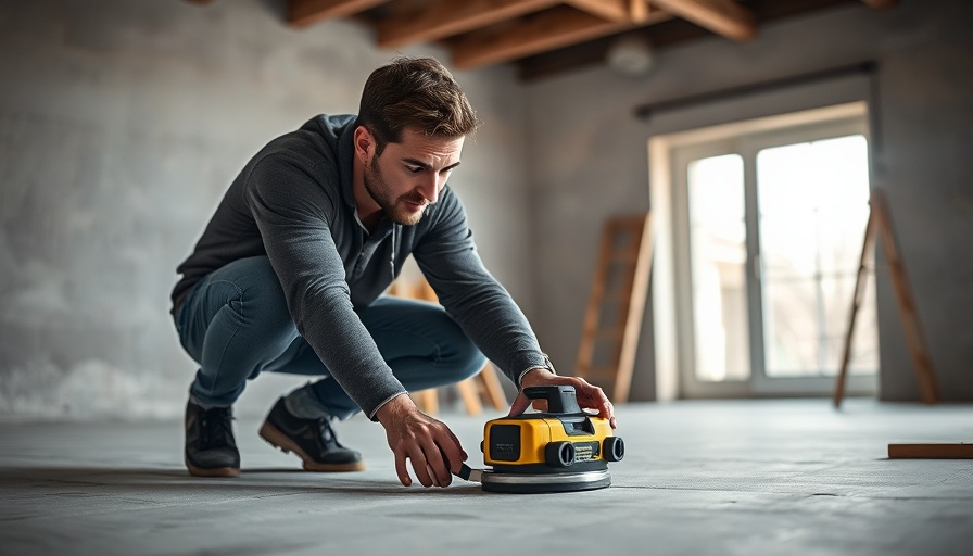 Man demonstrating how to apply floor leveler indoors.