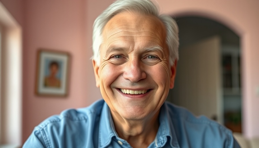 Smiling older man in a blue shirt in a home improvement setting.