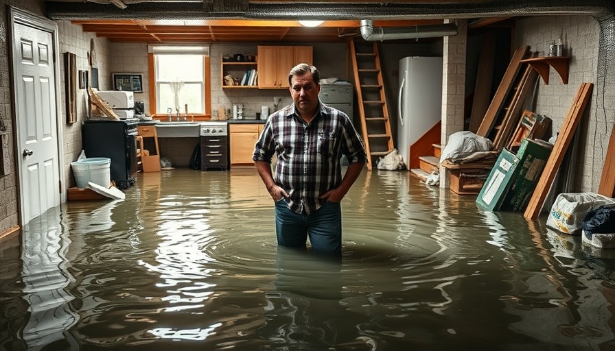 Home improvement expert assessing flooded basement for plumbing repairs.