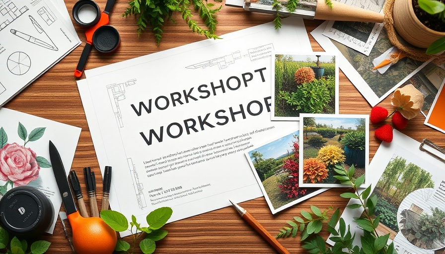 Landscape design tips workshop invitation with planning materials.