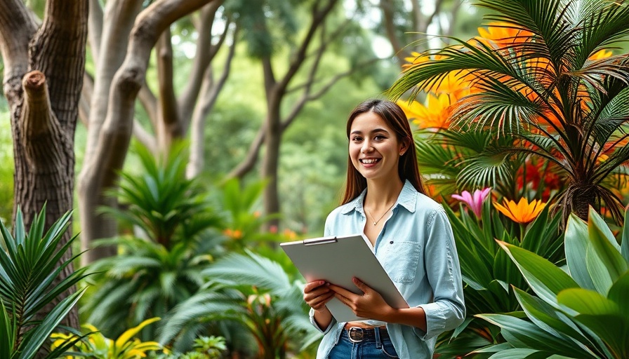Cheerful woman educating on planting on steep slopes in lush garden.