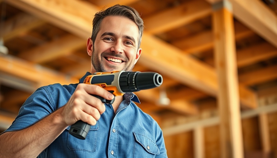 Smiling man demonstrates power drill use in construction to fix a warped stud.