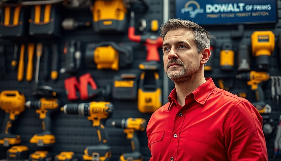 Man in red shirt in front of power tools display, home improvement theme.