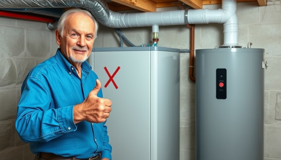 Man giving thumbs down to tankless hot water heater in basement.