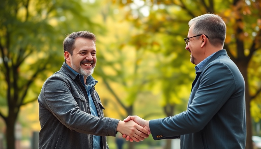Two men shaking hands outdoors, surrounded by trees, casual meeting.