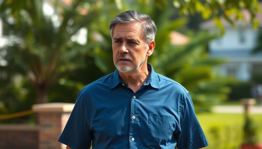 Focused man in blue shirt walking outdoors, home improvement setting.